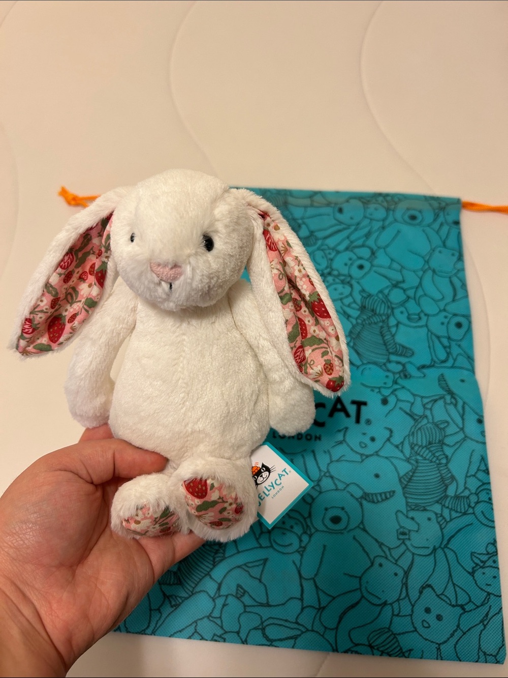 Jellycat Blossom Cream Bunny “Berry” with Jellycat Print Dust Bag NWT